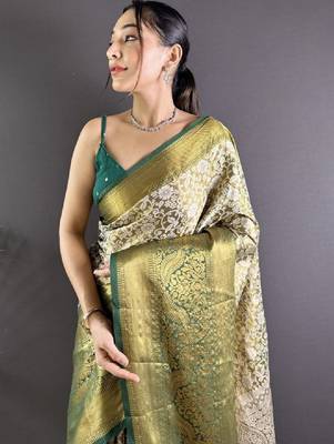 Woven design kanjeevaram sarees with unstitched blouse piece 2