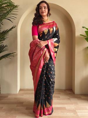 Ethnic motifs woven design zari silk blend kanjeevaram saree with blouse piece 1