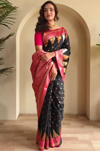 Ethnic motifs woven design zari silk blend kanjeevaram saree with blouse piece
