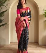 Ethnic motifs woven design zari silk blend kanjeevaram saree with blouse piece