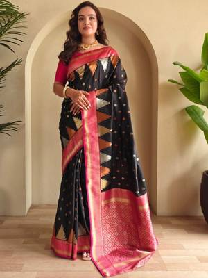 Ethnic motifs woven design zari silk blend kanjeevaram saree with blouse piece 2