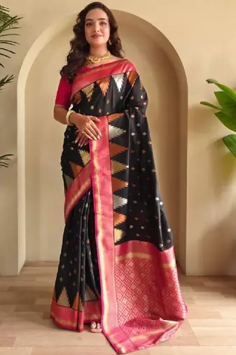 Ethnic motifs woven design zari silk blend kanjeevaram saree with blouse piece