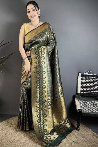 Dark green banarasi soft silk checked body floral motifs south pattu sarees