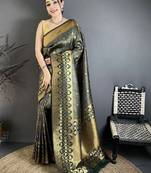 Dark green banarasi soft silk checked body floral motifs south pattu sarees