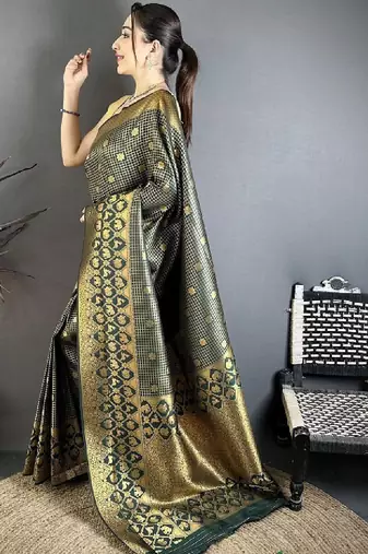 Dark green banarasi soft silk checked body floral motifs south pattu sarees