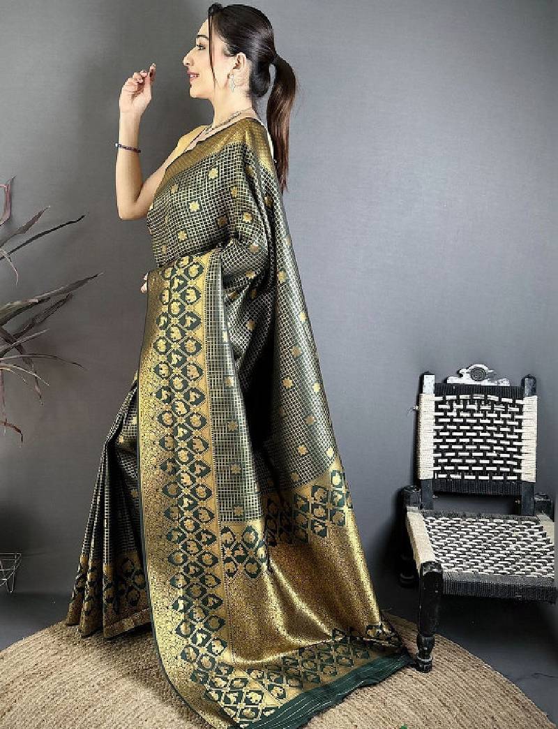 Dark green banarasi soft silk checked body floral motifs south pattu sarees