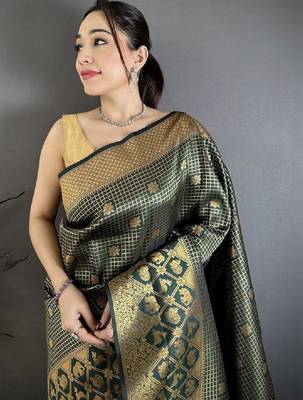 Dark green banarasi soft silk checked body floral motifs south pattu sarees 3