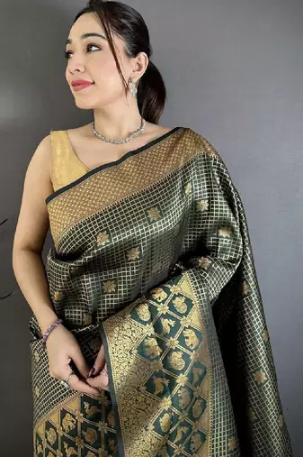Dark green banarasi soft silk checked body floral motifs south pattu sarees