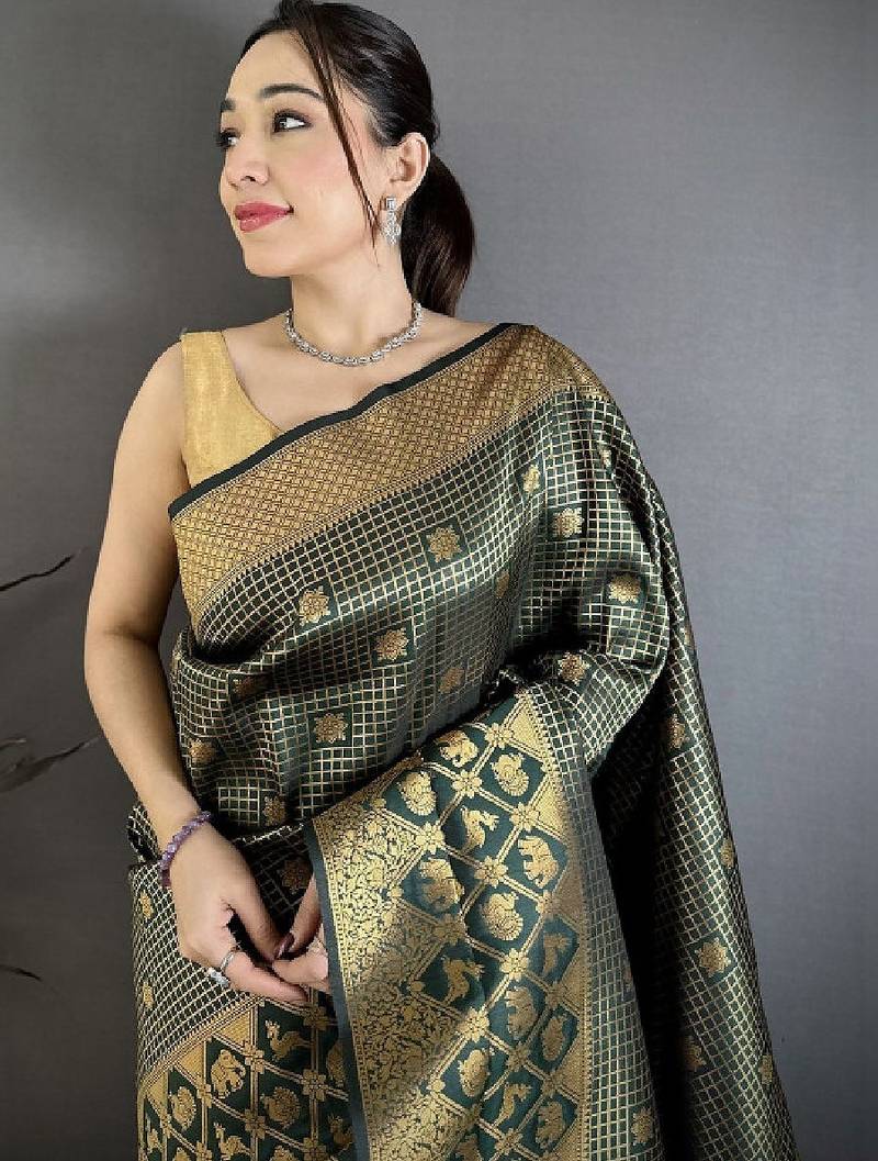Dark green banarasi soft silk checked body floral motifs south pattu sarees