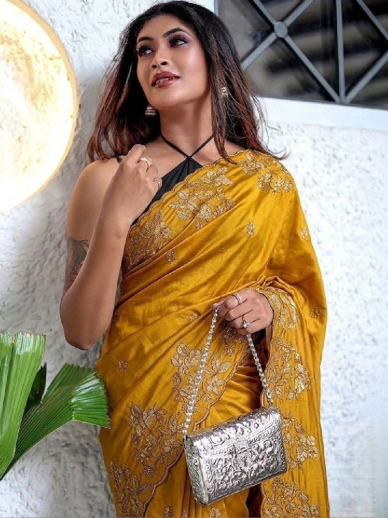 Floral embroidered art silk kanjeevaram saree