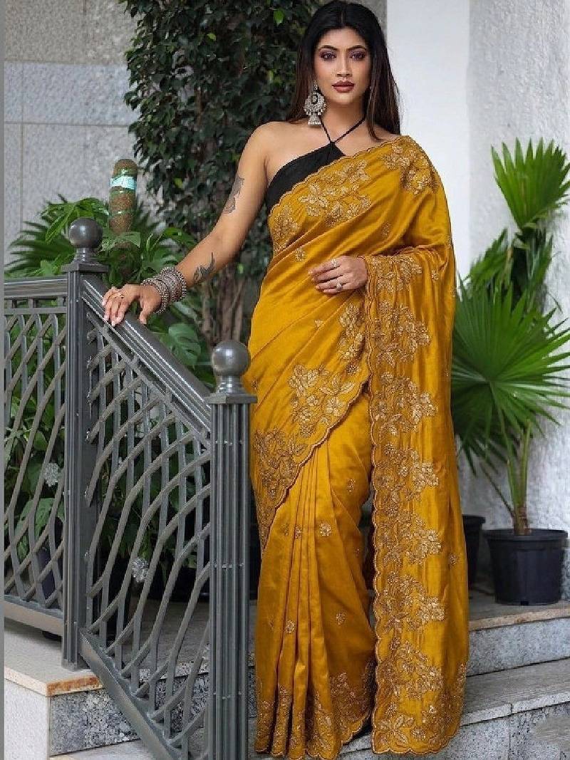 Floral embroidered art silk kanjeevaram saree