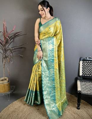 Woven design kanjeevaram sarees with unstitched blouse piece 1