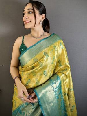 Woven design kanjeevaram sarees with unstitched blouse piece 2