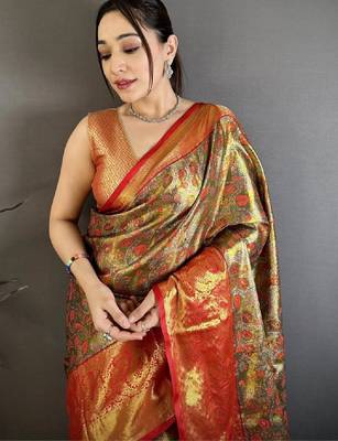 Paisley zari silk blend handloom kanjeevaram saree 1