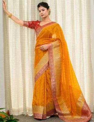 Woven design zari silk blend heavy work kanjeevaram saree 2