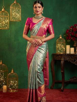 Ethnic motifs zari art silk handloom kanjeevaram saree 1