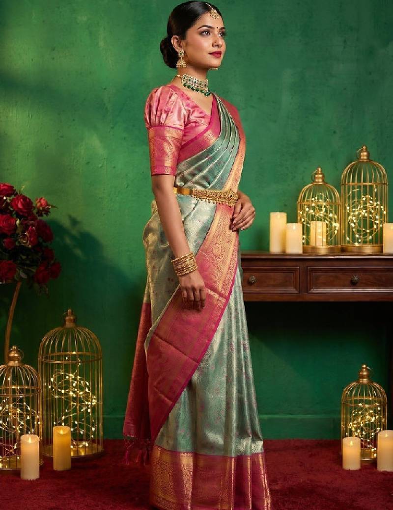Ethnic motifs zari art silk handloom kanjeevaram saree