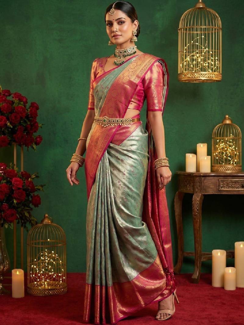 Ethnic motifs zari art silk handloom kanjeevaram saree