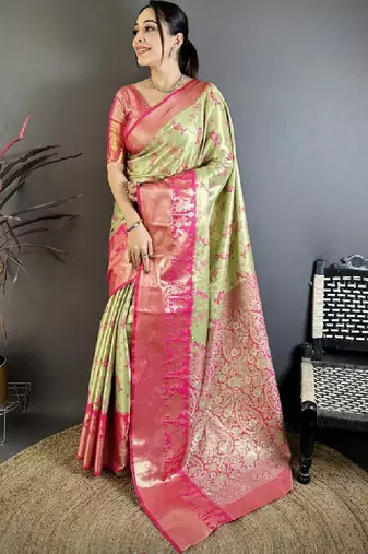 Women paisley zari silk blend kanjeevaram saree