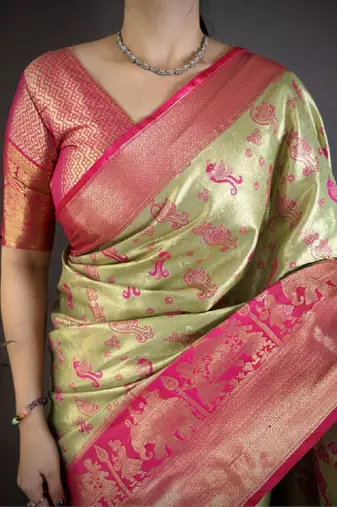 Women paisley zari silk blend kanjeevaram saree