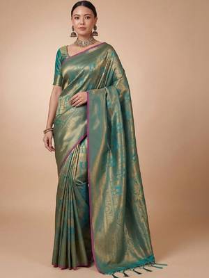 Teal kanjivaram woven design sarees with blouse piece unstiched blouse 1