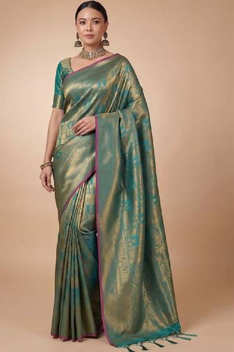 Teal kanjivaram woven design sarees with blouse piece unstiched blouse