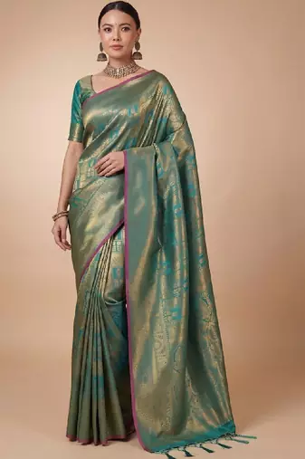Teal kanjivaram woven design sarees with blouse piece unstiched blouse