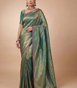 Teal kanjivaram woven design sarees with blouse piece unstiched blouse