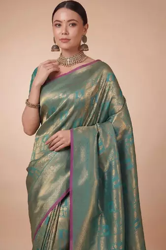 Teal kanjivaram woven design sarees with blouse piece unstiched blouse
