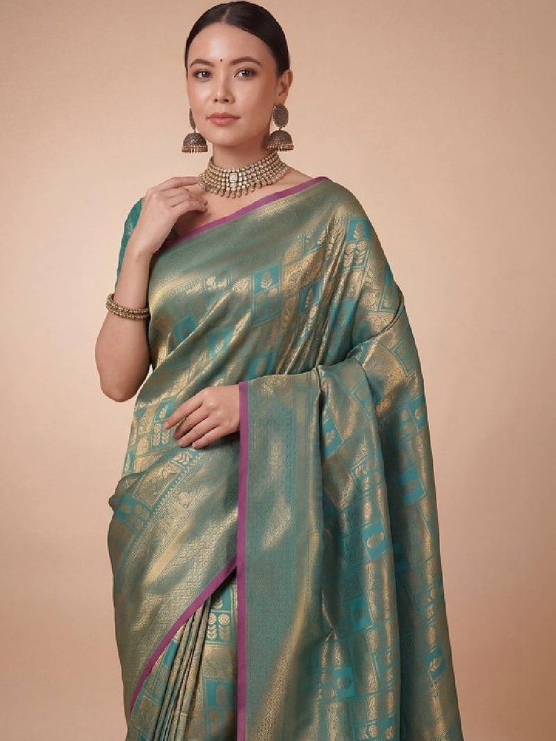 Teal kanjivaram woven design sarees with blouse piece unstiched blouse