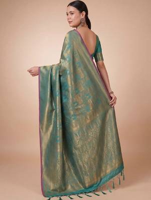 Teal kanjivaram woven design sarees with blouse piece unstiched blouse 3