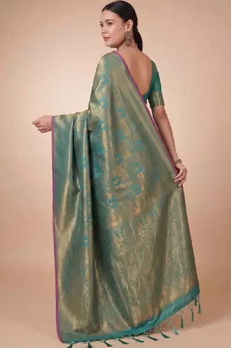 Teal kanjivaram woven design sarees with blouse piece unstiched blouse
