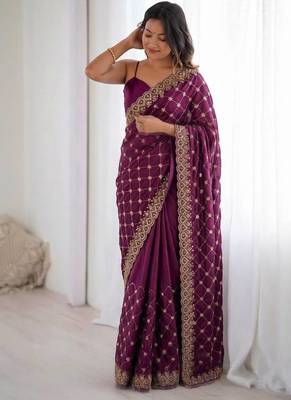 Wine Designer Saree Fendy Silk with Beds Elegance  3