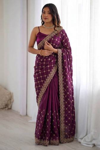 Wine Designer Saree Fendy Silk with Beds Elegance 