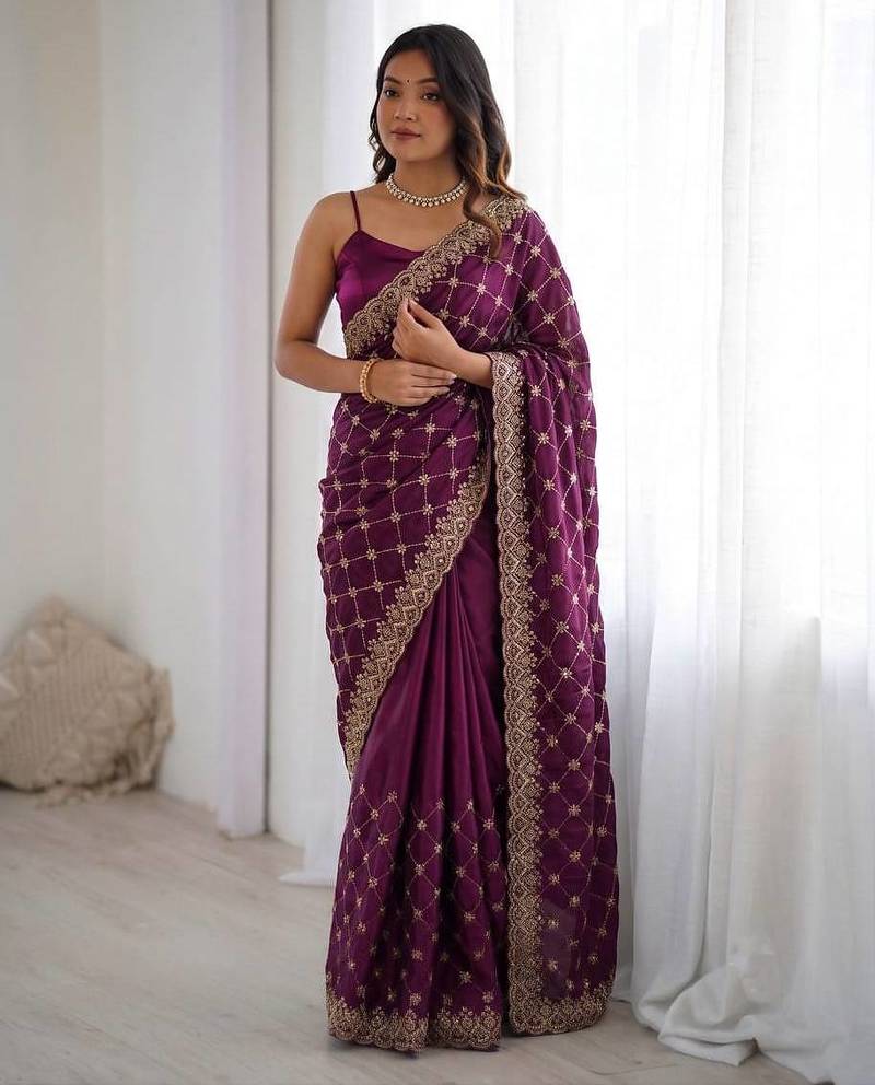 Wine Designer Saree Fendy Silk with Beds Elegance 