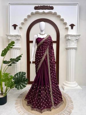 Wine Designer Saree Fendy Silk with Beds Elegance  4