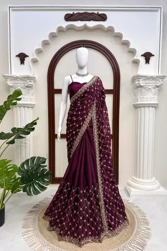 Wine Designer Saree Fendy Silk with Beds Elegance 