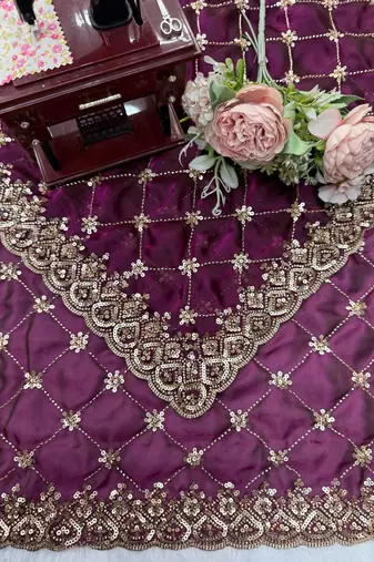 Wine Designer Saree Fendy Silk with Beds Elegance 
