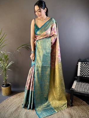 Woven design zari silk blend handloom kanjeevaram saree 1