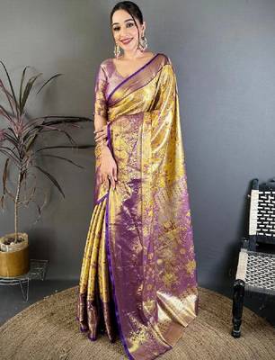 Ethnic motifs zari silk blend designer kanjeevaram saree 1