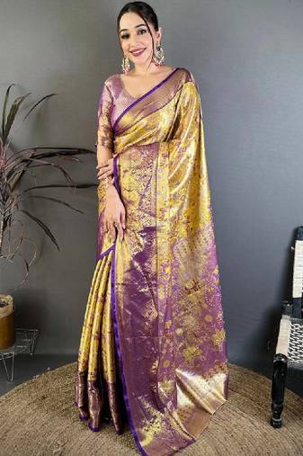 Ethnic motifs zari silk blend designer kanjeevaram saree