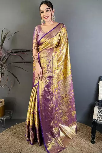 Ethnic motifs zari silk blend designer kanjeevaram saree