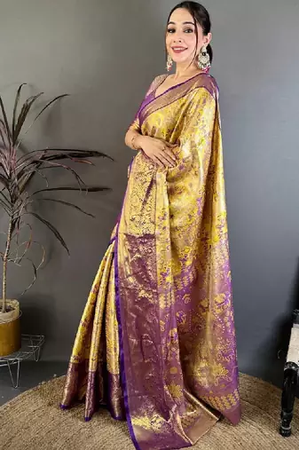 Ethnic motifs zari silk blend designer kanjeevaram saree
