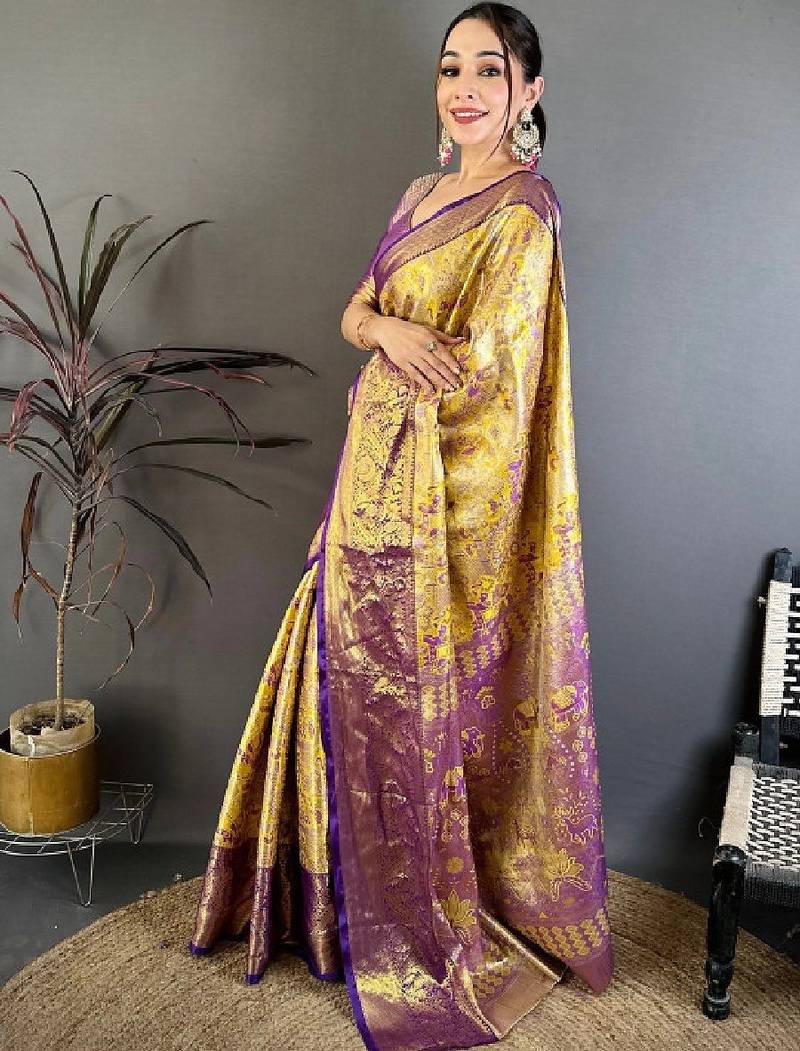 Ethnic motifs zari silk blend designer kanjeevaram saree