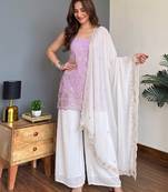 Lavender faux georgette embroidered kurta pant dupatta set