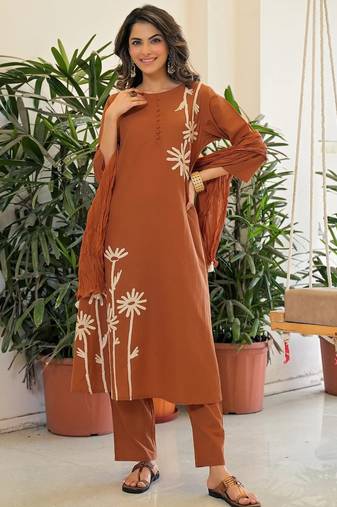 Brown rayon slub printed kurta pant dupatta set