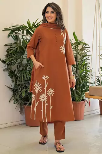 Brown rayon slub printed kurta pant dupatta set