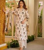 Off white rayon slub printed kurta pant with dupatta