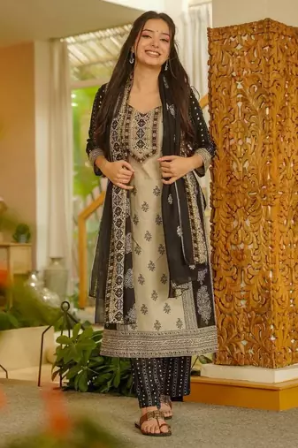 Beige rayon slub printed kurta pant with chanderi cotton dupatta