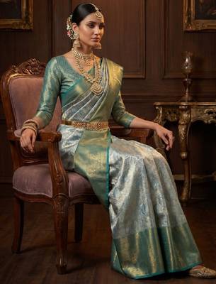 Ethnic motifs zari art silk handloom kanjeevaram saree 4